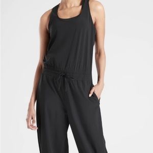 Athleta Black Revive Jumpsuit black pants suit 1 piece Sz 6 wide leg or cinch le